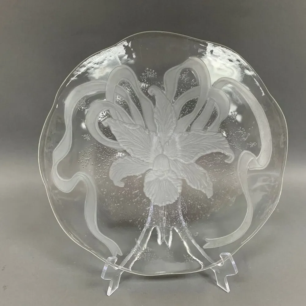 Cake‎ Glass Serving Chop Plate Platter Tray Flower Ribbon Large Thick 12 3/4